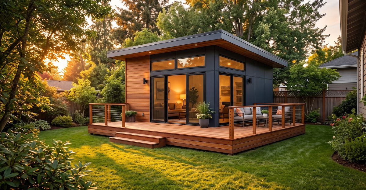 Beautifully finished modern detached ADU in a backyard with large glass doors and wooden deck.