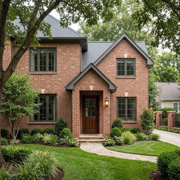 Luxurious exterior of an attached ADU seamlessly matching the primary brick home with a private entry.