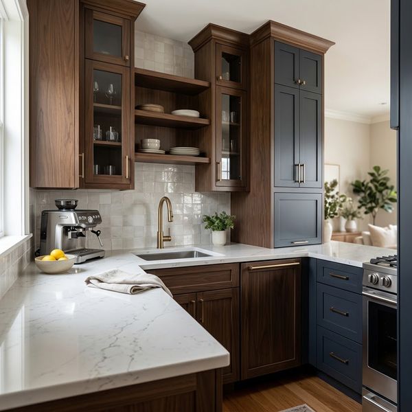 High-end compact kitchen with custom cabinets and quartz countertops.