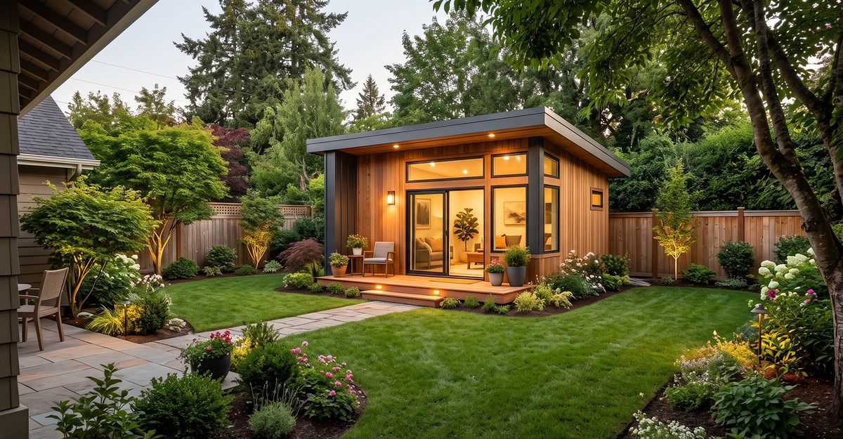 Beautifully finished modern ADU in a lush backyard with large glass doors.
