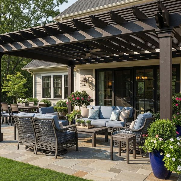 Elegant outdoor patio with a wooden pergola and a protective patio cover