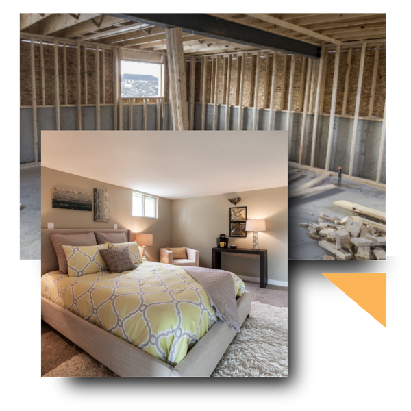 Bedroom and basement remodeling project in background