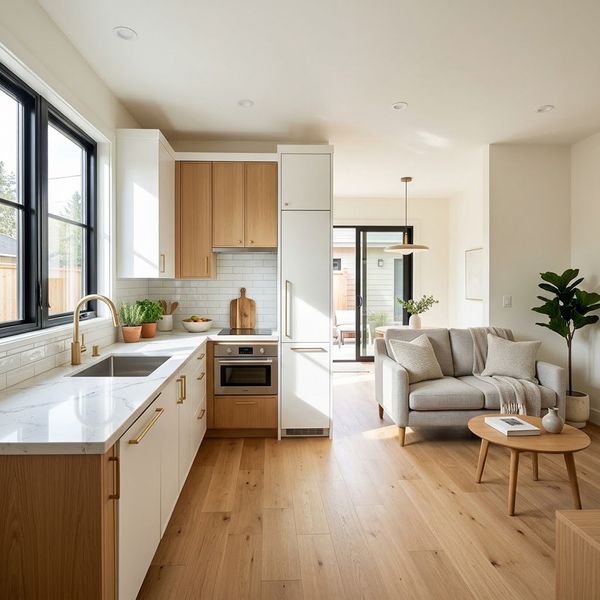 High-end interior of a newly built ADU featuring a small kitchen with quartz countertops.