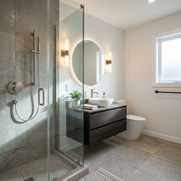 Clean and modern bathroom in an ADU showcasing a glass shower, custom tile, and a sleek vanity.
