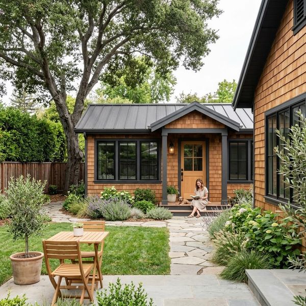 ADU in a backyard that matches the house's architectural style. ADU in a backyard that matches the house's architectural style.