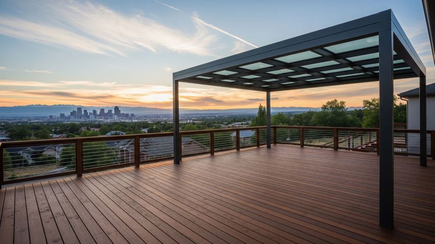 Modern wooden deck with patio cover and mountain views