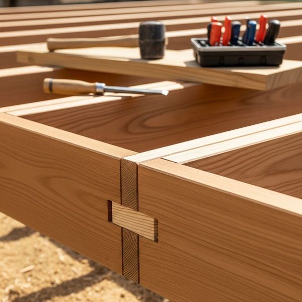 Skilled carpenter working on a wooden deck frame