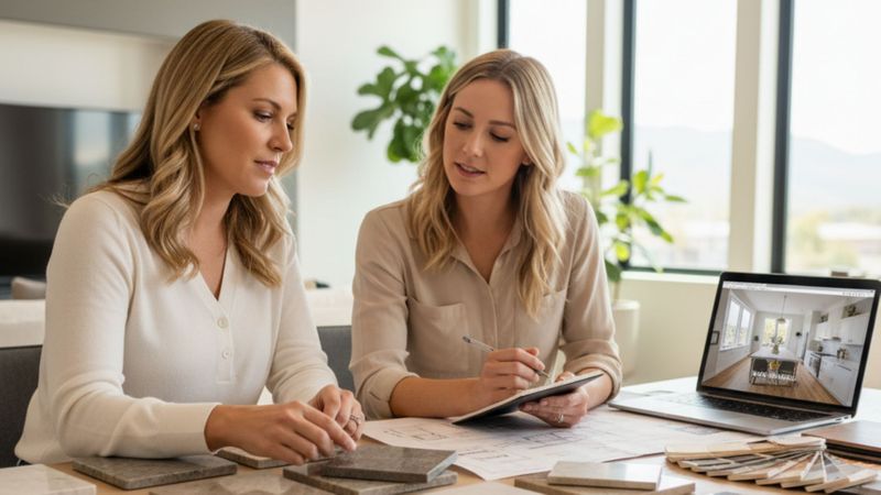 Two women, possibly a homeowner and a designer, reviewing material samples and a laptop with kitchen renderings during the selection process. Two women, possibly a homeowner and a designer, reviewing material samples and a laptop with kitchen renderings during the selection process.