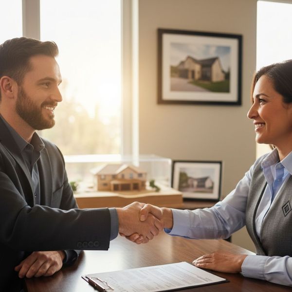 A man and a woman shaking hands across a desk with a contract and a model home, symbolizing a business agreement.