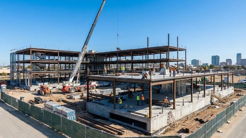 Active commercial building construction site with a crane, workers, and a steel frame structure under a clear blue sky
