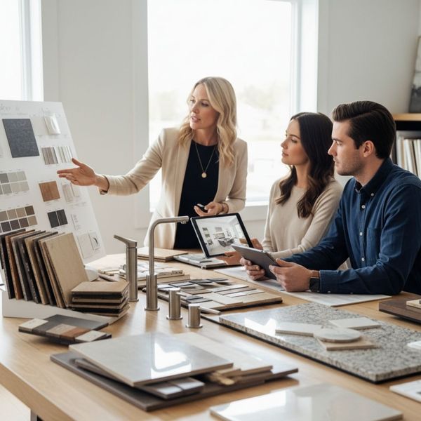 A design consultant presenting material options to a couple during a home selection and planning meeting.