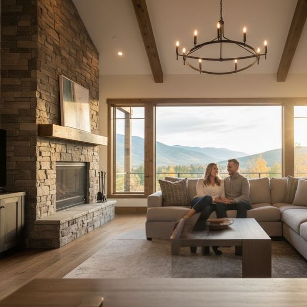 A couple comfortably seated on a sofa in a modern living room with a large window overlooking a scenic mountain view.