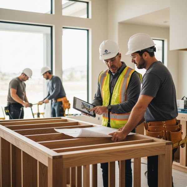 Two construction workers in hard hats and safety vests discussing blueprints and digital plans on a tablet at a building site.
