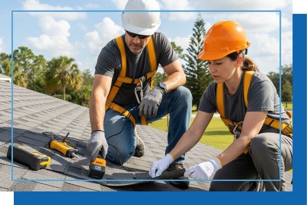A male and female roofing technician kneeling on a shingle roof, wearing safety gear and pointing at a detail during an inspection or repair, with caulk and tools nearby.