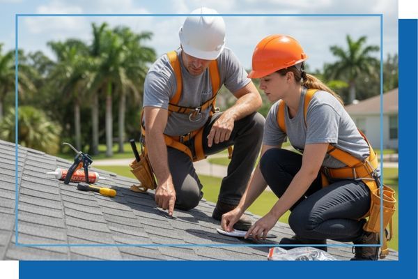 A male and female roofing technician kneeling on a shingle roof, wearing safety gear and pointing at a detail during an inspection or repair, with caulk and tools nearby.