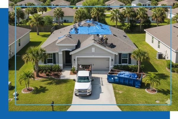 Aerial view of a residential roofing project in a Florida neighborhood, showing contractors on the roof working on new shingle installation next to a large blue material dumpster.