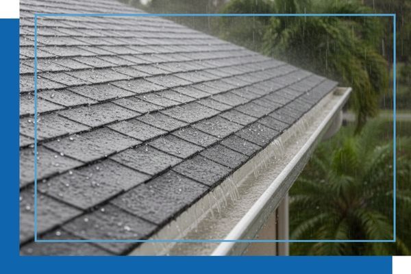 A close-up shot of heavy rain running correctly off an asphalt shingle roof and into a white downspout, surrounded by lush green palm foliage.