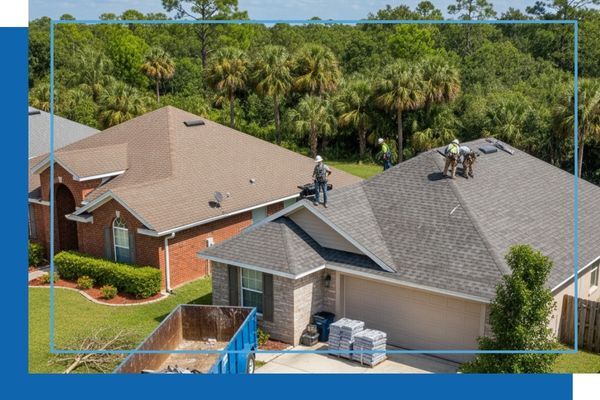 Aerial view of a residential roofing project in a Florida neighborhood, showing contractors on the roof working on new shingle installation next to a large blue material dumpster.