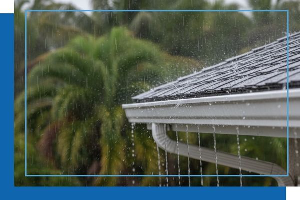 A close-up shot of heavy rain running correctly off an asphalt shingle roof and into a white downspout, surrounded by lush green palm foliage.
