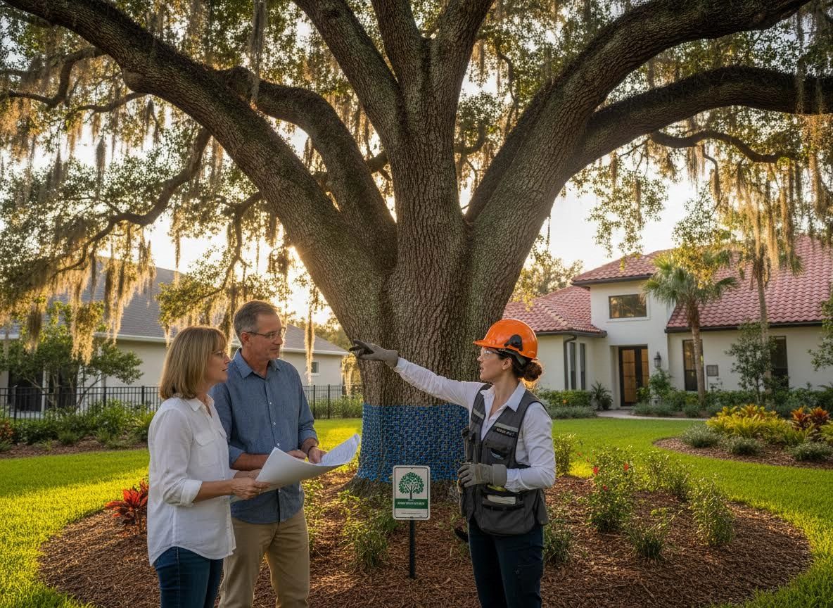 Arborist consulting with homeowners about tree care