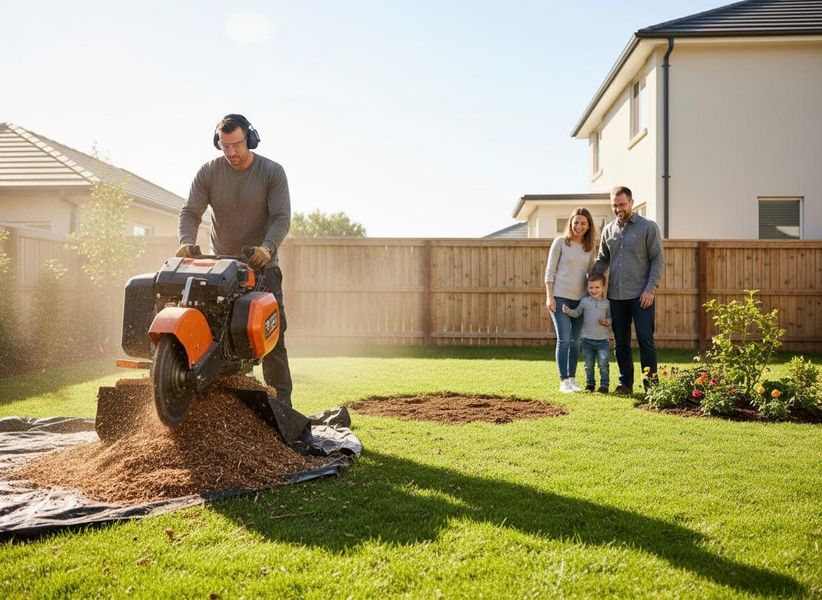 Man Grinding Tree Stump in Backyard