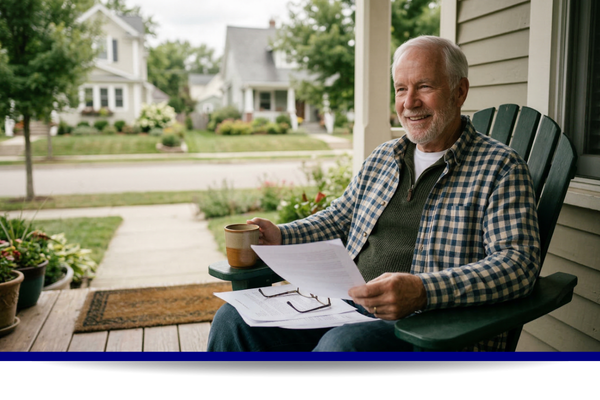 man on the porch with documents  
