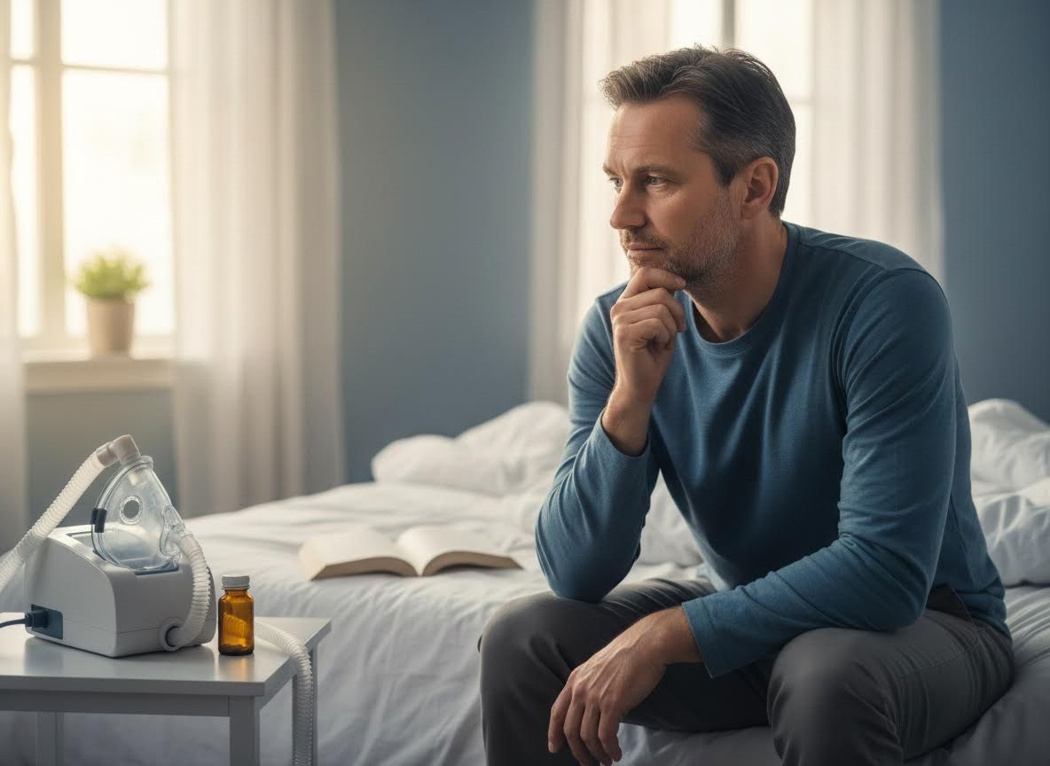 Thoughtful Man with CPAP Machine in Bedroom