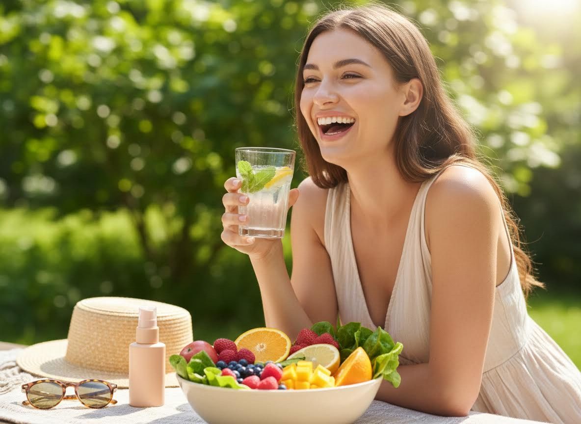 Happy Woman Enjoying Healthy Refreshment Outdoors