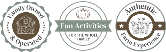 badges: family owned & operated, fun activities for the whole family, authentic farm experience