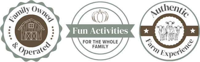 badges: family owned & operated, fun activities for the whole family, authentic farm experience