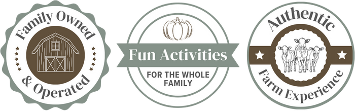 badges: family owned & operated, fun activities for the whole family, authentic farm experience