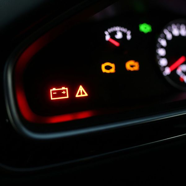 The battery warning light illuminated on a car's instrument panel.