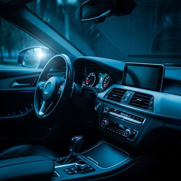 Dashboard view of a car at night showing dimming headlights, a sign of alternator trouble.