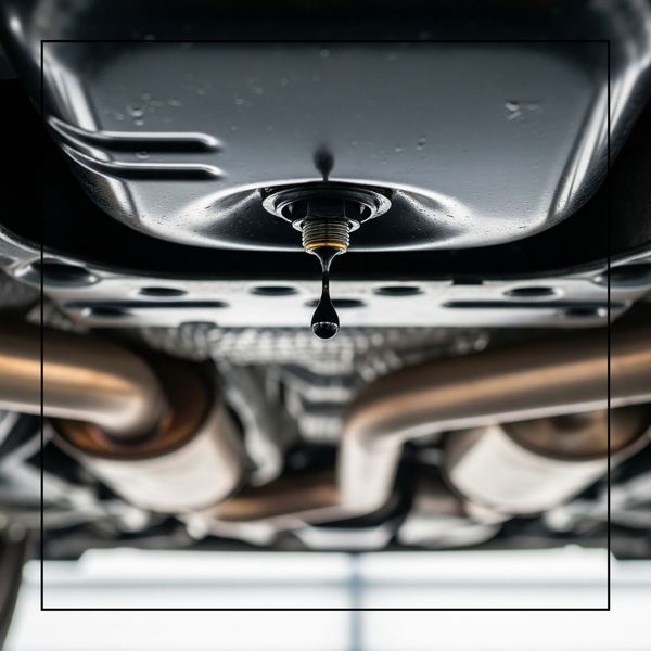 A single drop of dark, used oil hangs from a drain plug on the underside of a car, with exhaust pipes visible in the blurred background. A single drop of dark, used oil hangs from a drain plug on the underside of a car, with exhaust pipes visible in the blurred background.