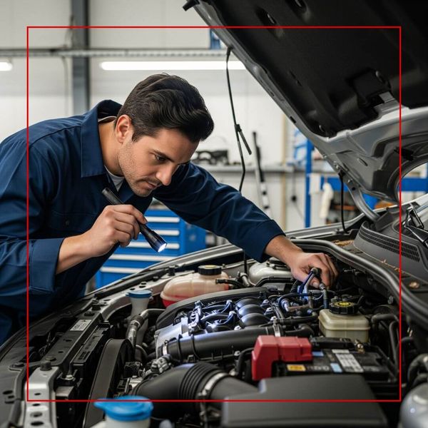 A mechanic closely inspecting a car engine. A mechanic closely inspecting a car engine.