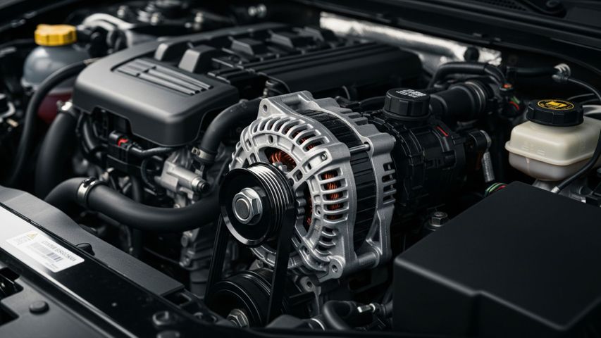 A car's engine bay with the alternator clearly visible, a key component for vehicle electrical systems. A car's engine bay with the alternator clearly visible, a key component for vehicle electrical systems.