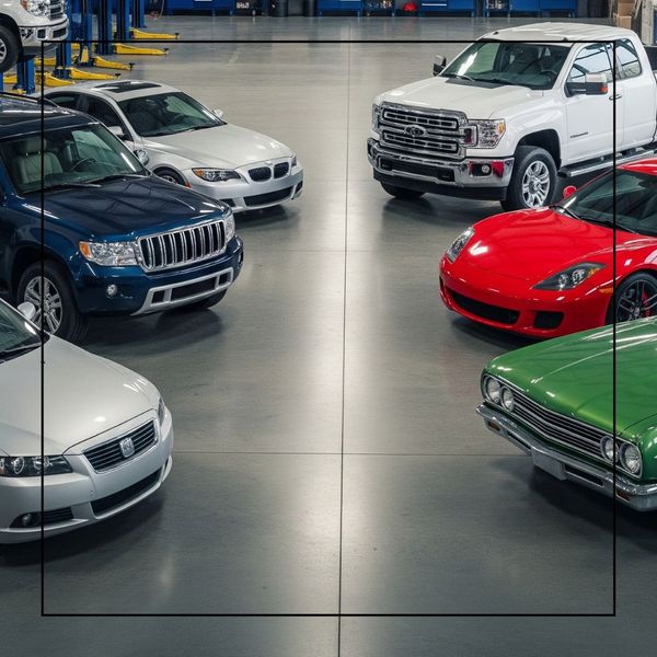 An elevated view of a large, clean auto repair shop floor, showcasing various vehicles including an SUV, sedans, a pickup truck, and sports cars, ready for service or display.