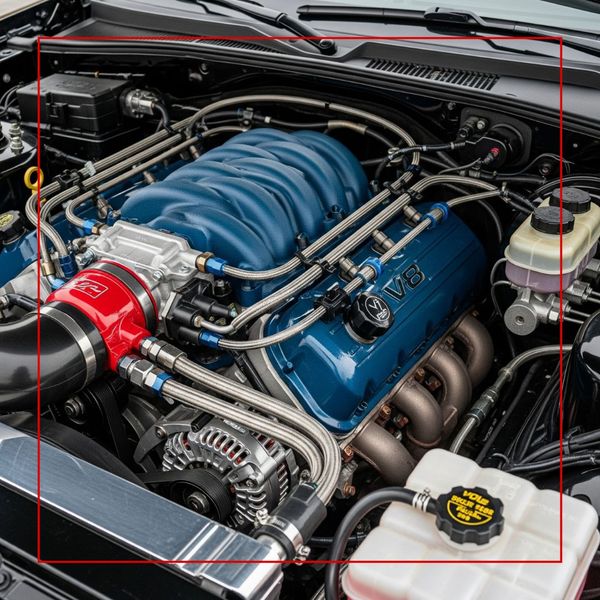 A detailed shot of a car's engine bay, featuring a large, blue V8 engine with braided hoses and a red air intake, along with various other engine components.