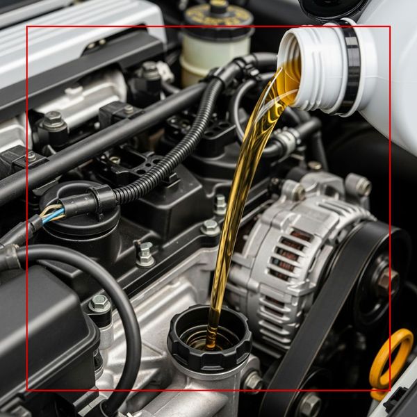 Close-up of golden new engine oil being poured from a white bottle into the engine of a car. Close-up of golden new engine oil being poured from a white bottle into the engine of a car.