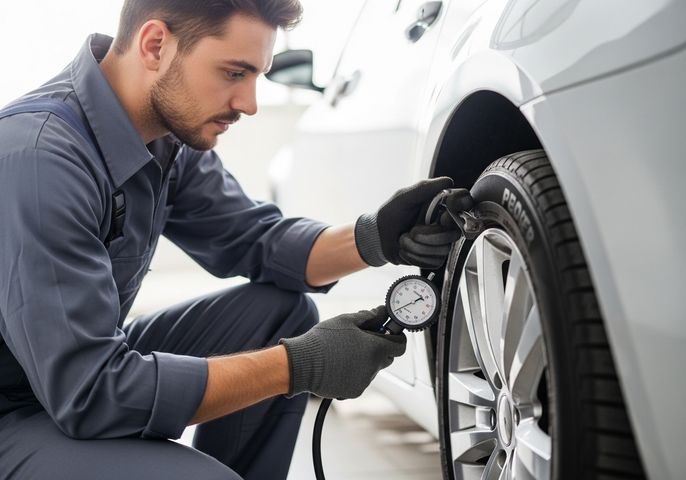 A mechanic in a grey uniform and gloves checks the tire pressure of a white car using a gauge, ensuring proper inflation for optimal performance and safety. Mechanic Checking Tire Pressure