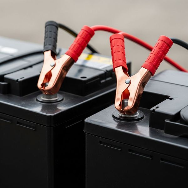 Jumper cables connecting the terminals of two car batteries, indicating a dead battery.