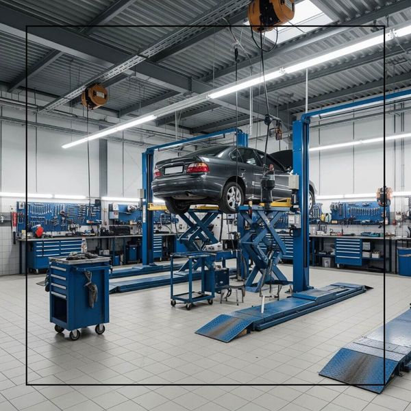 A clean, organized auto repair bay with a car on a lift. A clean, organized auto repair bay with a car on a lift.