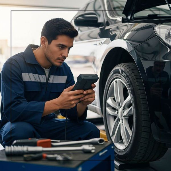 A mechanic using a modern OBD-II scanner on a car. A mechanic using a modern OBD-II scanner on a car.