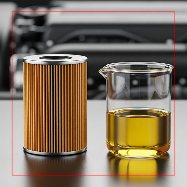 A new oil filter stands next to a glass beaker filled with fresh, golden engine oil, with a blurred car engine in the background. A new oil filter stands next to a glass beaker filled with fresh, golden engine oil, with a blurred car engine in the background.