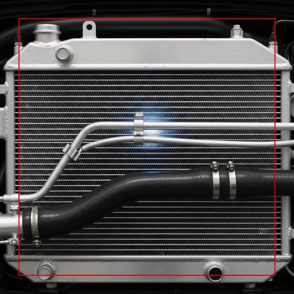 A close-up, head-on view of a metallic car radiator with horizontal fins, hoses, and clamps visible, hinting at its cooling function.
