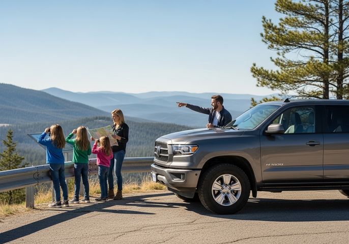 A family of five pauses at a scenic overlook during a road trip. Three young girls stand at a viewing platform looking out at a mountain range while their mother consults a map and their father points towards the distant peaks. Their gray SUV is parked nearby, ready for the next leg of their journey. Family Road Trip Scenic Overlook
