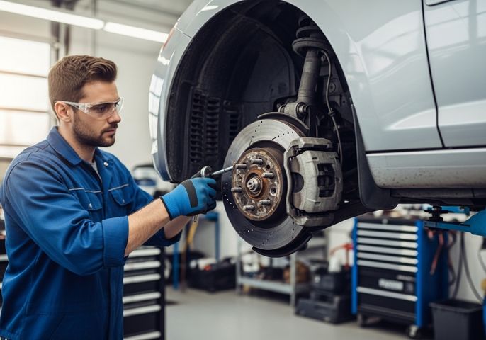 Car Mechanic Repairing Brakes