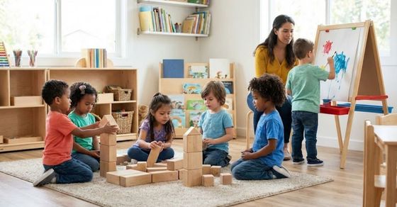  Diverse pre-k children engaged in collaborative learning activities in a bright classroom.