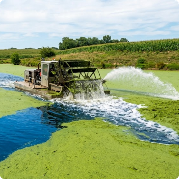 mechanical surface skimmer boat cutting a path through a duckweed-covered lake.