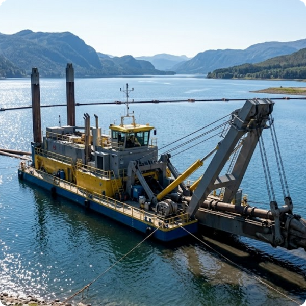 Heavy-duty hydraulic dredging machinery on a sparkling mountain reservoir